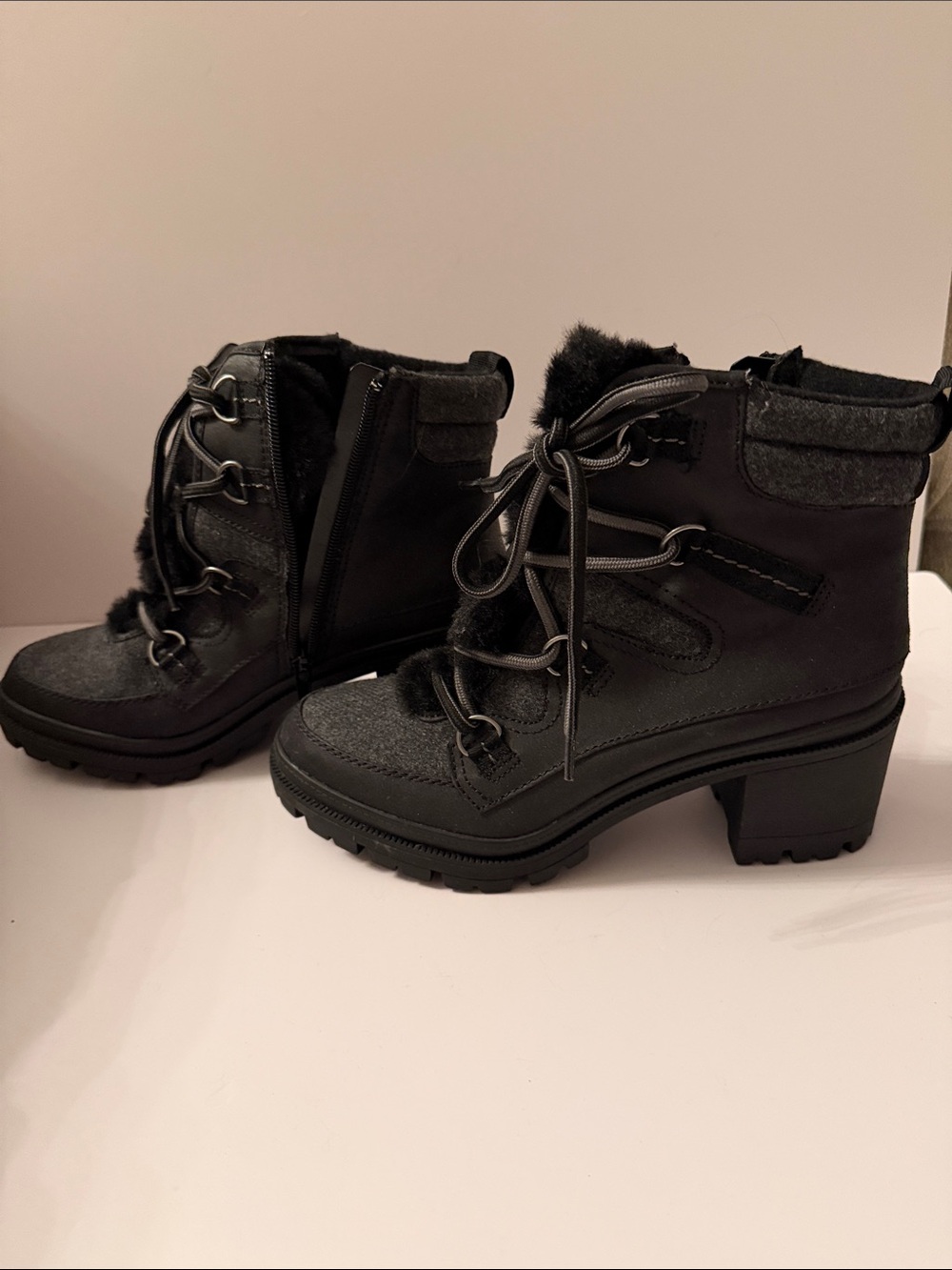 Jellypop Black Lace-Up Heeled Ankle Boots with Faux Fur Trim Sz 8